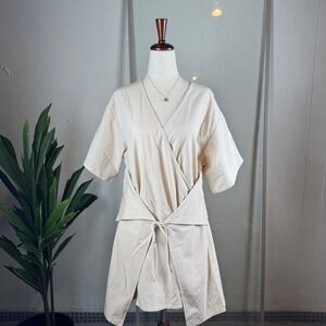Sabo Harper Dress Women S Beige NWT Wrap Mini Short Sleeve Coastal Minimal